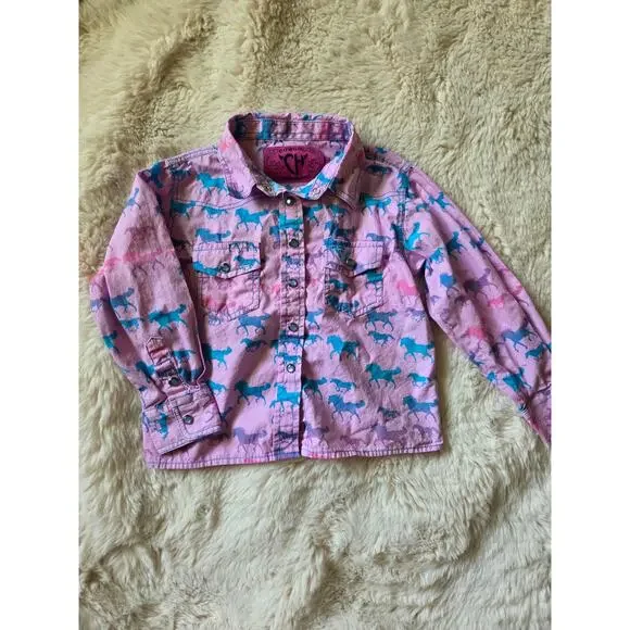 Cowgirl Hardware Pink Colorful Ombre Horses Pearl Snap Western shirt size 2t - Picture 1 of 8